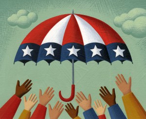 Multi-Ethnic Hands Reaching For American Flag Umbrella